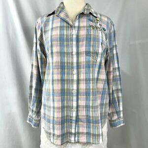 LEMON GRASS VTG 90s Pastel Plaid Button Shirt Womens M Embroidery Cottage‎ Fairy